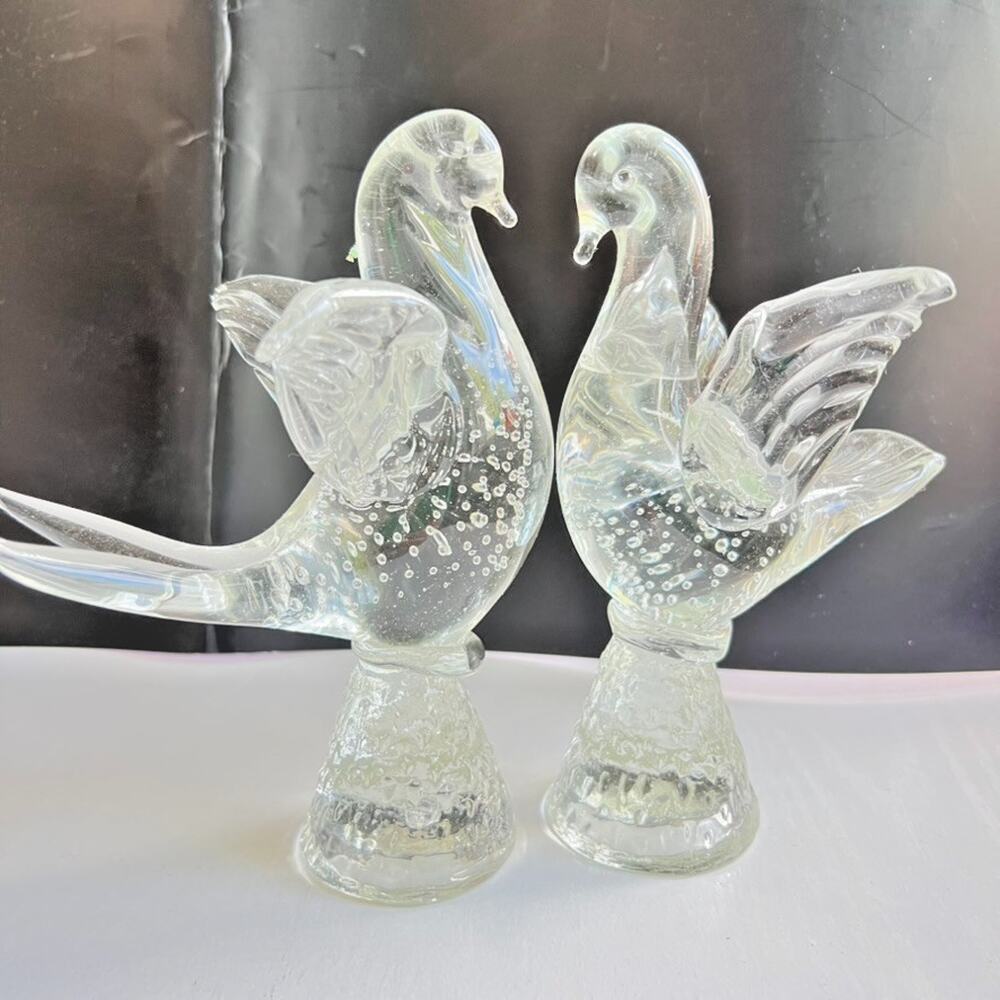 Vintage Clear Art Glass Dove Pair Hand Blown Controlled Bubble Bullicante 6"